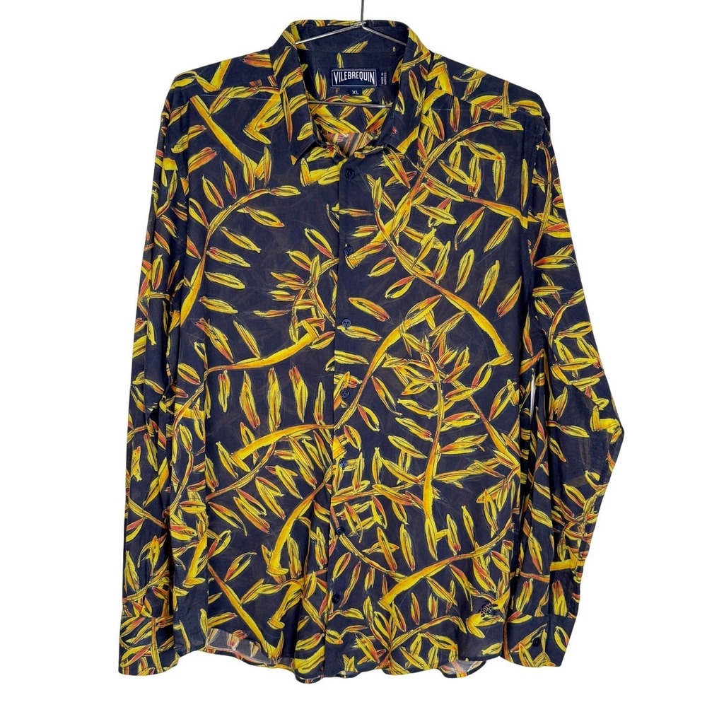 Vilebrequin XL Long Sleeve Button Down Shirt Navy Yellow Tropical Leaf‎ Print